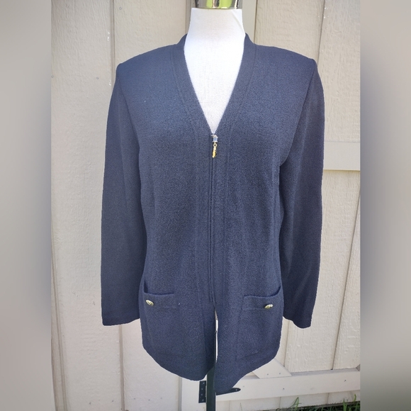 VGC Black St John Basics Zip Cardigan Gold Buttons Pockets Sweater Knit Size 8 - Picture 1 of 8